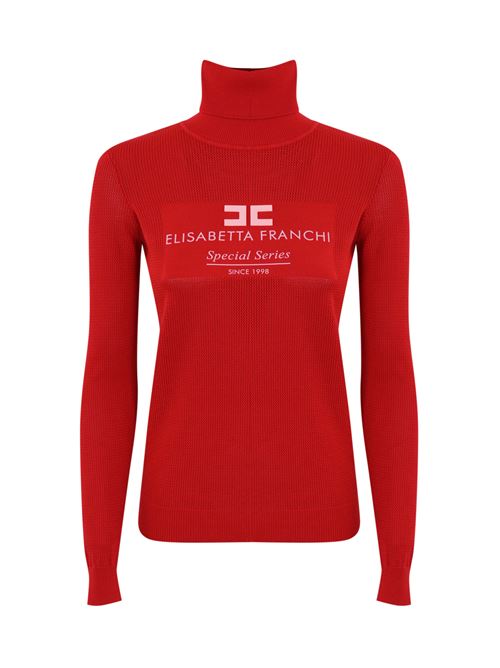 Dolcevita in maglia di viscosa punto rete rosso con intarsio logo Elisabetta Franchi | MK82Q46E2EB6